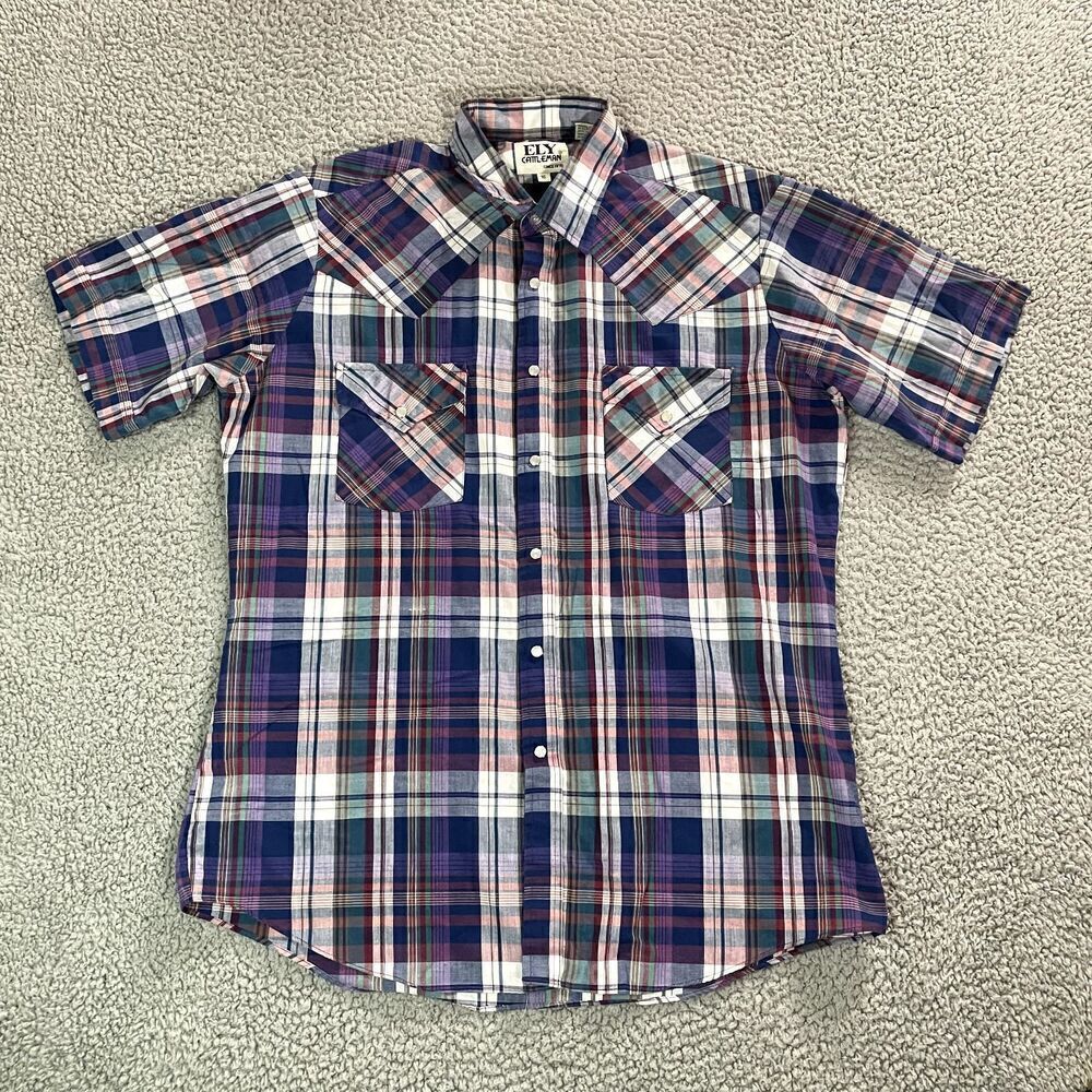 Vintage Ely Cattleman Pearl Snsap Button Shirt Men's Western Short Sleeve !6